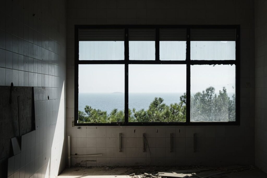 Trees and the sea visible through a large window in an unfurnished room