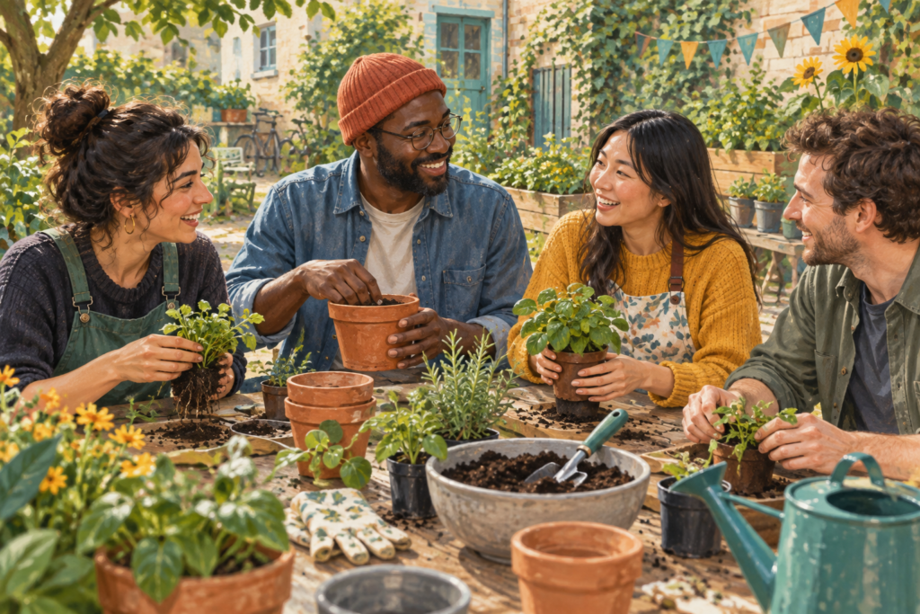 Illustration of four adults chatting while potting plants at a community gardening activity.