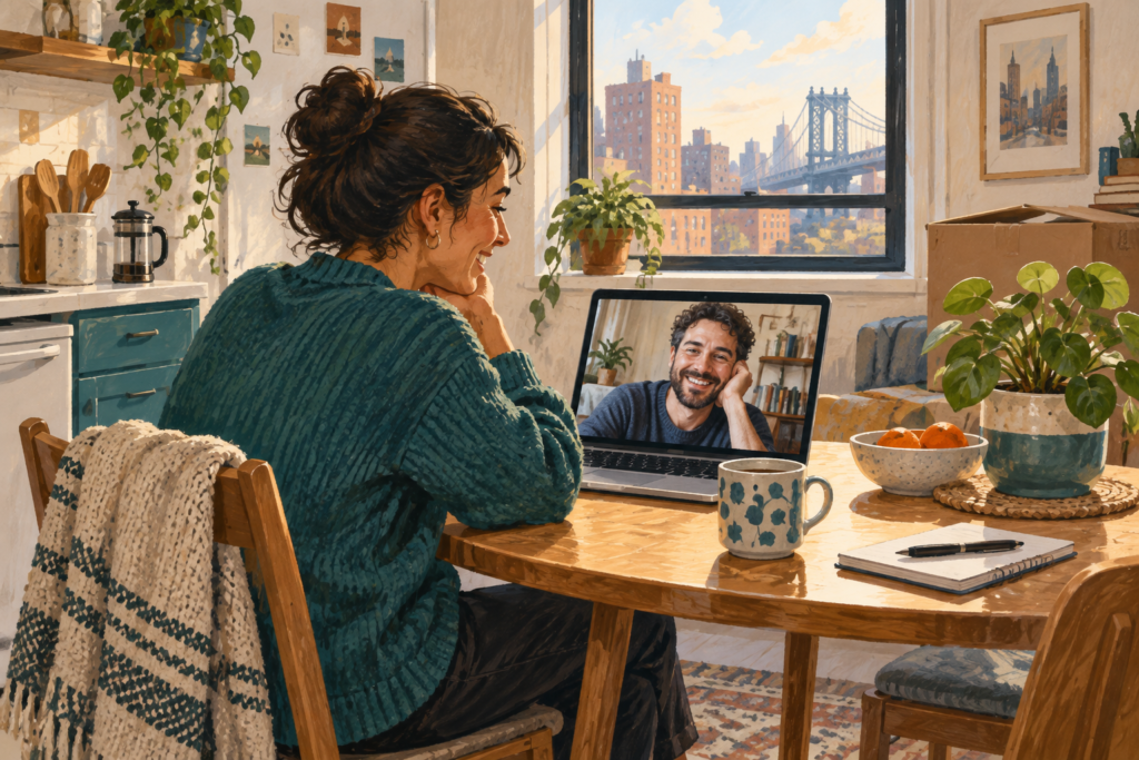 Illustration of an adult speaking with a friend by video call from a new apartment.