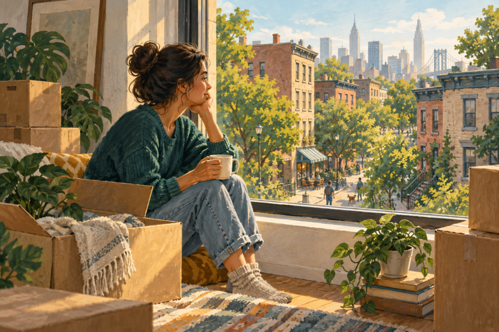Illustration of an adult looking across a city neighbourhood from a new apartment with moving boxes.