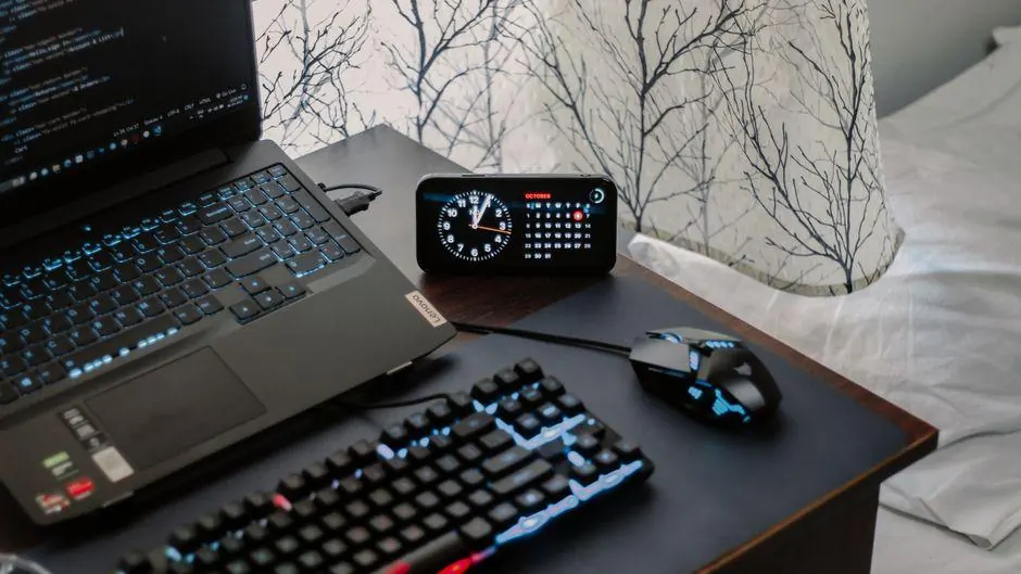 Laptop, keyboard and digital clock on a desk beside a window