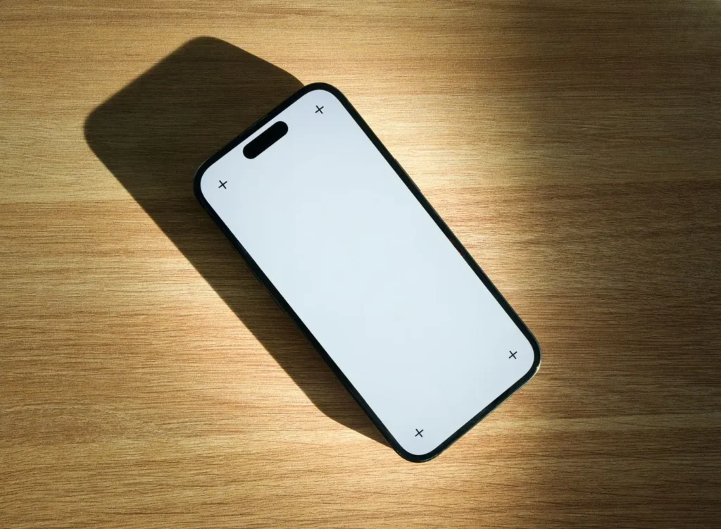 Smartphone with a blank white screen on a sunlit wooden surface