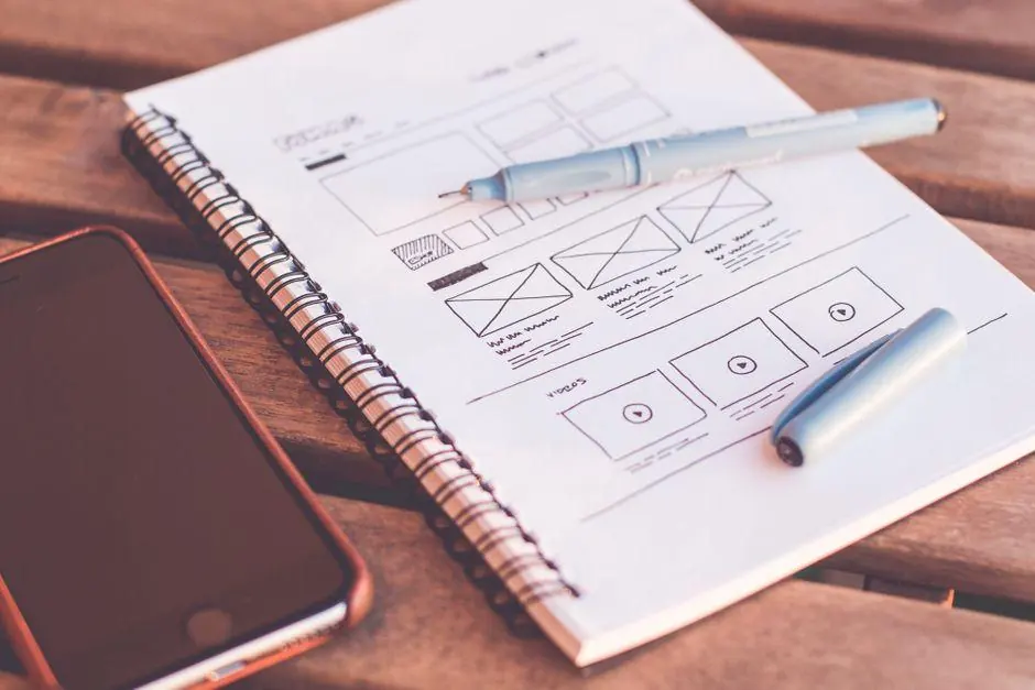 Notebook with hand-drawn page layouts beside pens and a phone