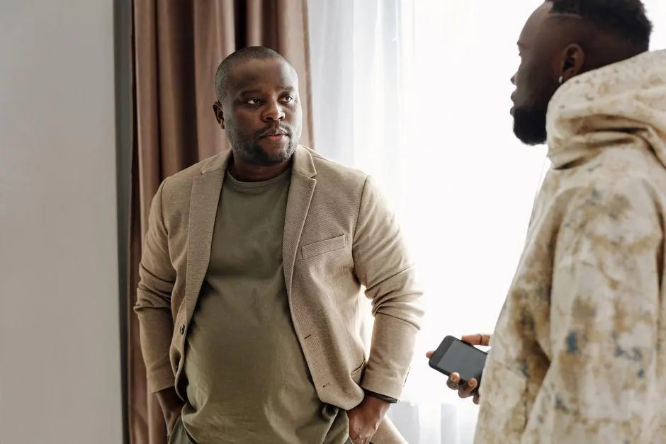 Two men standing and talking beside a window