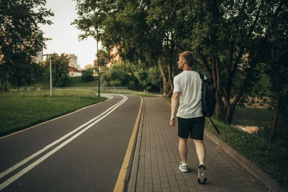 Person walking along a path beside a park