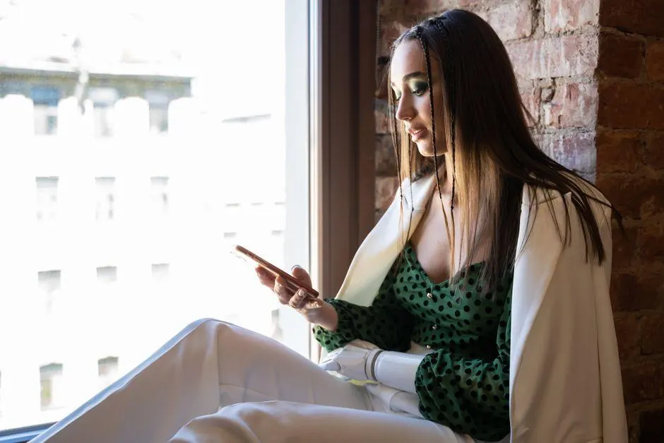 Woman using her smartphone while sitting by a window